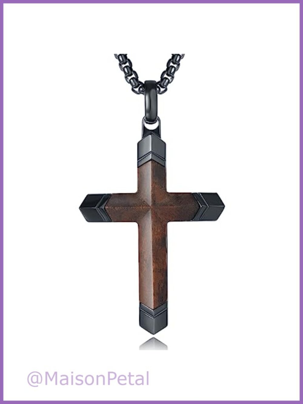 Men's Ebony & Stainless Steel Cross Necklace 24+2" Box Chain